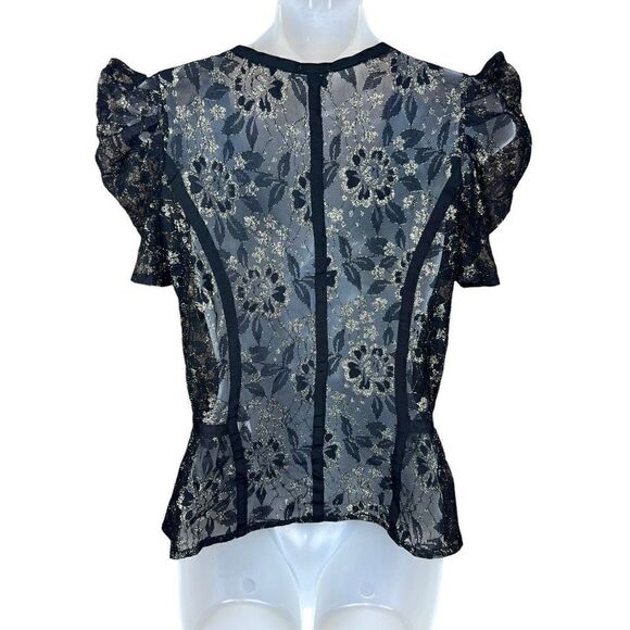 Charlotte Russe Lace Top Sheer Black Mesh Gold Thread Puff Sleeves Medium - Picture 2 of 15